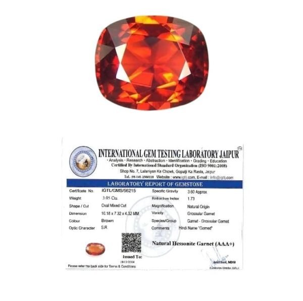 Premium 5 carat natural Ceylon Hessonite Gomed gemstone with lab certificate, deep cinnamon-honey color, unheated Sri Lankan origin for astrological Rahu remedy ring