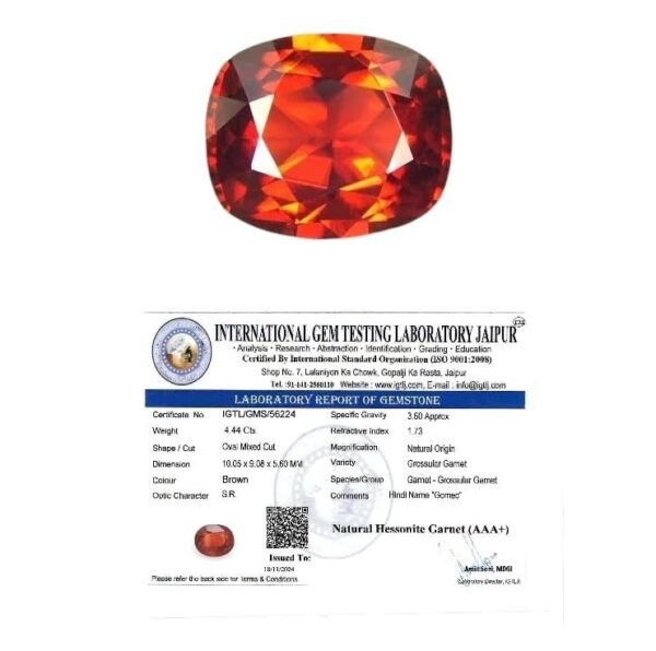 Certified 5.5 carat natural Ceylon Hessonite Gomed gemstone with honey-cinnamon transparency and lab certificate for Rahu astrological ring