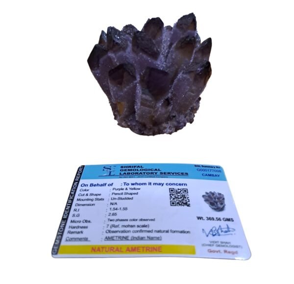 Authentic natural Ametrine phantom cluster geode with purple and gold color zoning and visible ghost phantom inclusions