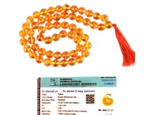 Close-up of 10mm Diamond-Cut Natural Citrine Sunela Beads (108+1) with Laboratory Certificate.