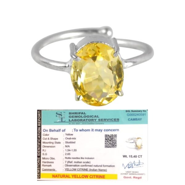 AAA Grade Natural Citrine Diamond-Cut Adjustable Ring with Lab Certificate for Wealth and Success.