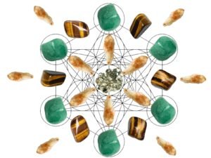 Money magnet sacred crystal grid kit with center pyrite, 14 citrine points, tiger's eye and green aventurine tumbles