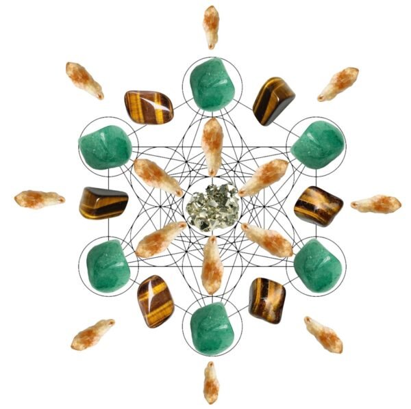 Money magnet sacred crystal grid kit with center pyrite, 14 citrine points, tiger's eye and green aventurine tumbles