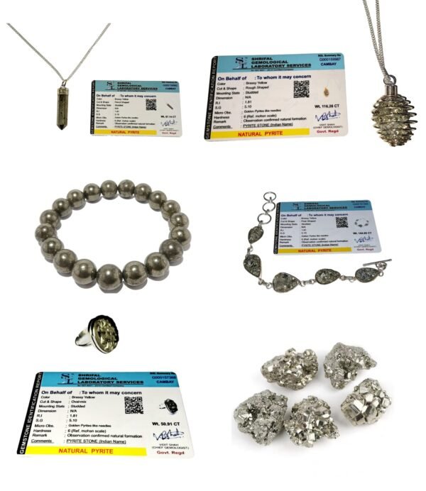 Divine Pyrite manifestation kit featuring 1 natural geode, 2 bracelets, 2 lockets, and 1 adjustable ring for abundance and success