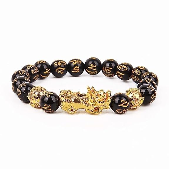 Certified AAA Grade Black Obsidian Bracelet with 10mm Round Beads and Gold-Tone Pixiu by Divinity Healing Crystals