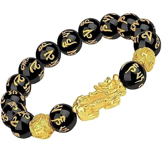 Certified AAA Grade Black Obsidian Bracelet with 10mm Round Beads and Gold-Tone Pixiu by Divinity Healing Crystals