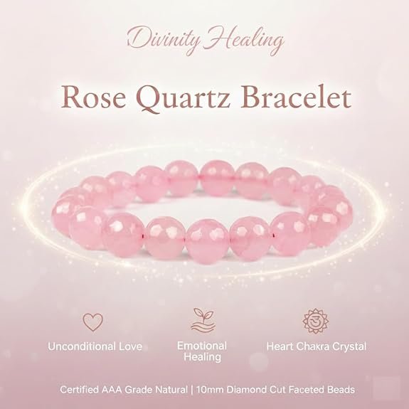 Model wearing the Divinity Healing Crystals 10mm Rose Quartz faceted bracelet for Heart Chakra healing and style.