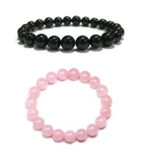 Natural Black Tourmaline and Rose Quartz Real Pure Crystal Certified 8 mm Bracelet Combo for Men and Women for Good Luck, Love, Abundance, Healing and Meditation