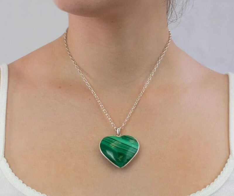 Divinity Healing Natural Malachite Heart Pendant with Metal Chain – for Balance, manifestation and intution – A stone of transformation Crystal Jewelry Abundance Stones 12