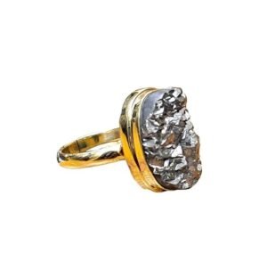 Divine Spirituals Natural Golden Pyrite Crystal Unisex Certified Panchdhatu Adjustable Ring for Wealth, Prosperity and Good Luck