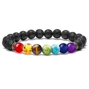 Natural Seven Chakra Lava Semi Precious Gemstone Bracelet, Crystal Stone 8mm Beads Bracelet Round Shape for Reiki Healing, Crystal Healing and Chakra Balance