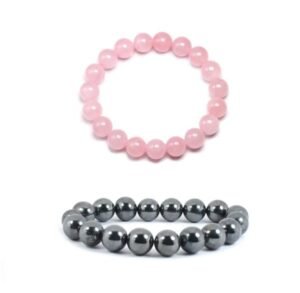 Natural Hematite and Rose Quartz Real Pure Crystal Certified 8 mm Bracelet Combo for Men and Women for Good Luck, Love, Abundance, Healing and Meditation