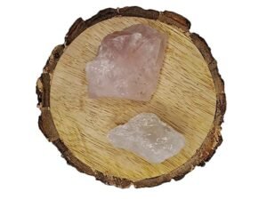 Clear Quartz and Rose Quartz AAA Grade Raw Natural Crystal Combo with Wooden Natural Bark Coaster for Healing, Meditation and Manifestation
