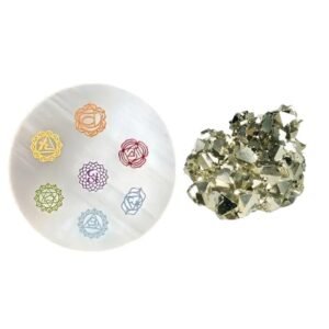 Pyrite Stone and Selenite Disc Combo to Charge Pyrite - High Energy Pyrite Gold Rock Used for Increased Willpower and Manifestation (Pyrite 240 Carat + 3 Inch Selenite Disc)