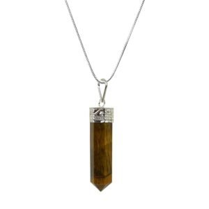Divine Spirituals Natural Healing Stone Pendant Pencil Shape Crystal Stone Certified Pendant/Locket with Chain - Healing Gemstone Size 30-35 mm Approx(Tiger Eye Pendant)