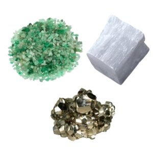 Pyrite Stone Original Certified Natural Raw Geode 40 Grams with 50 Grams Natural Green Aventurine Chips and 1 Natural Selenite Stone Raw Block for Healing Meditation and Manifesting Abundance