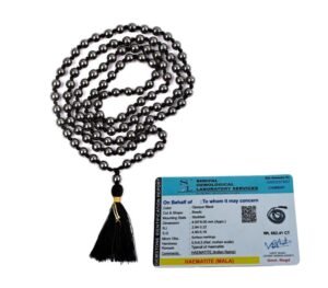 Natural Hematite Certified Jaap Mala 108+1-8 mm Natural Pure Beads for Protection, Grounding, Prosperity Wealth Willpower and Financial Abundance with 1 California White Sage Smudge Stick