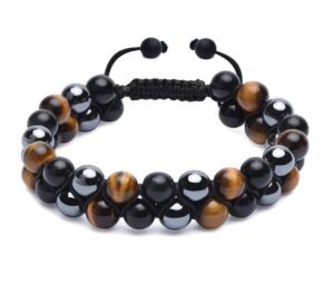 Certified Triple Protection Unisex Bracelet - Premium Tiger Eye Hematite and Black Obsidian Unisex AAA Grade 8 mm Stones Double Layered Bracelet