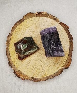Blood Stone and Amethyst AAA Grade Raw Natural Crystal Combo with Wooden Natural Bark Coaster for Healing, Meditation and Manifestation