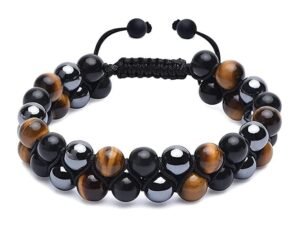 Certified Triple Action Premium Tiger Eye Hematite and Black Obsidian Unisex AAA Grade 8 mm Stones Double layered Adjustable Bracelet