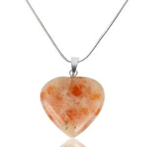 Natural Healing Stone Pendant Heart Shape Crystal Stone Pendant / Locket with Metal Chain for Healing and Meditation Size 25-30 mm Approx. (Sunstone)