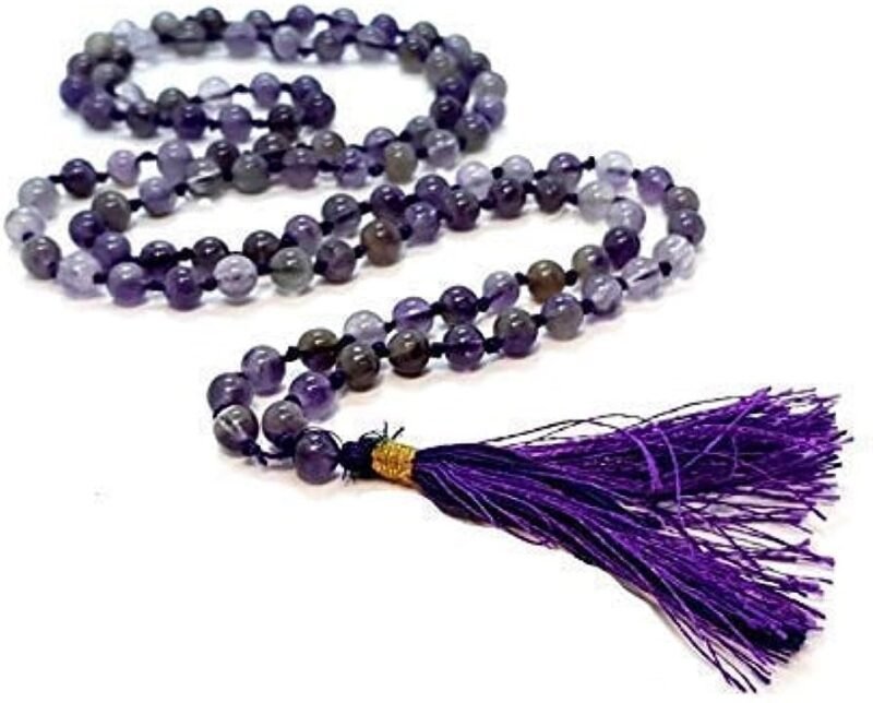 Divinity Healing Natural Amethyst Pure Certified Jaap Mala Collection for Men and Women Natural Pure 8 mm Beads – for Yoga Reiki Meditation Feng Shui with Palo Santo Smudge Stick Crystal Mala Abundance Stones 8