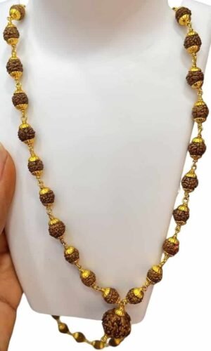 Divine 5 Mukhi Nepali Certified original Rudraksha Mala Neckwear for Men and Women 54+1 Beads with Certificate 7 mm Brown with German Silver Golden Capings