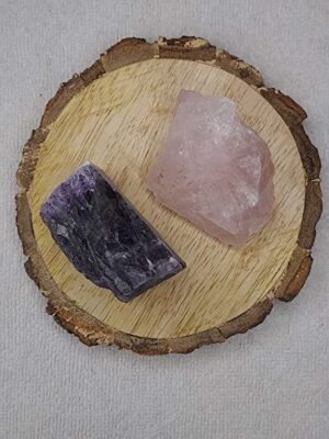 Amethyst and Rose Quartz AAA Grade Raw Natural Crystal Combo with Wooden Natural Bark Coaster for Healing, Meditation and Manifestation
