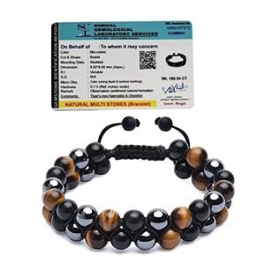 Certified Triple Action Premium Tiger Eye Hematite and Black Obsidian Unisex AAA Grade 8 mm Stones Double layered Adjustable Bracelet