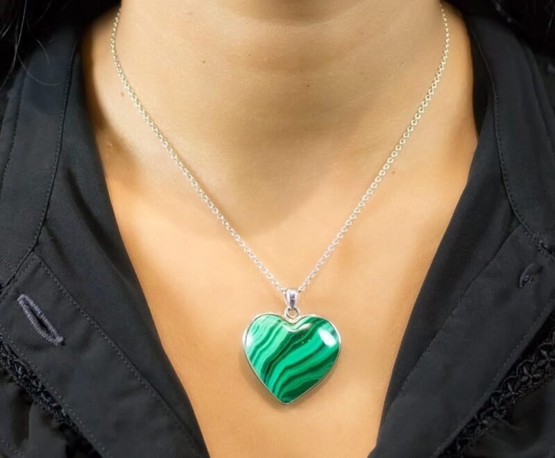 Divinity Healing Natural Malachite Heart Pendant with Metal Chain – for Balance, manifestation and intution – A stone of transformation Crystal Jewelry Abundance Stones 13