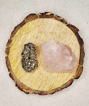 Pyrite and Rose Quartz AAA Grade Raw Natural Crystal Combo with Wooden Natural Bark Coaster for Healing, Meditation and Manifestation