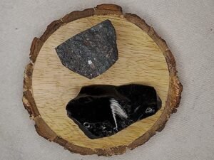 Black Obsidian and Hematite AAA Grade Raw Natural Crystal Combo with Wooden Natural Bark Coaster for Healing, Meditation and Manifestation