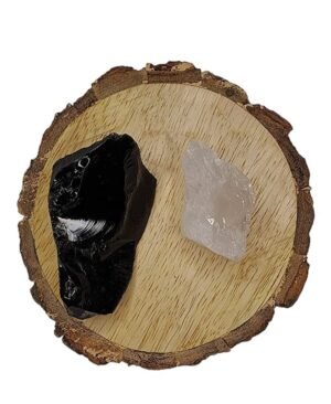 Black Obsidian and Clear Quartz AAA Grade Raw Natural Crystal Combo with Wooden Natural Bark Coaster for Healing, Meditation and Manifestation