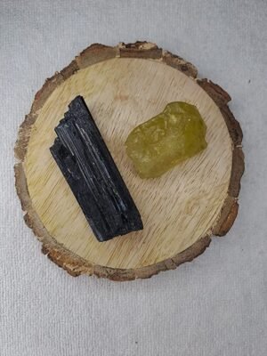 Black Tourmaline and Yellow Aventurine AAA Grade Raw Natural Crystal Combo with Wooden Natural Bark Coaster for Healing, Meditation and Manifestation