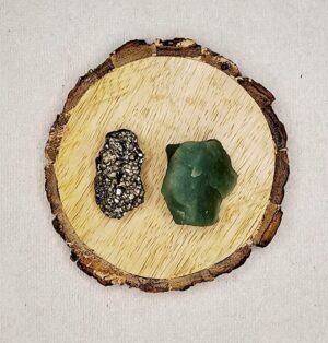 Pyrite and Green Aventurine AAA Grade Raw Natural Crystal Combo with Wooden Natural Bark Coaster for Healing, Meditation and Manifestation
