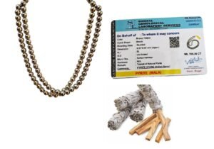 Certified Golden Pyrite Jaap Mala 108+1-8 mm Beads for Prosperitiy Wealth Willpower and Financial Abundance with 1 California White Sage Smudge Stick