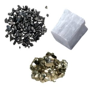 Pyrite Stone Original Certified Natural Raw Geode 40 Grams with 50 Grams Natural Black Obsidian Chips and 1 Natural Selenite Stone Raw Block for Healing Meditation and Manifesting Abundance