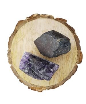Amethyst and Hematite AAA Grade Raw Natural Crystal Combo with Wooden Natural Bark Coaster for Healing, Meditation and Manifestation