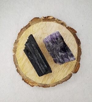 Black Tourmaline and Amethyst AAA Grade Raw Natural Crystal Combo with Wooden Natural Bark Coaster for Healing, Meditation and Manifestation