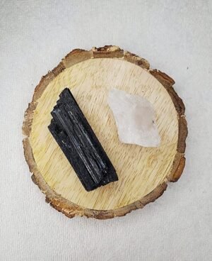 Black Tourmaline and Clear Quartz AAA Grade Raw Natural Crystal Combo with Wooden Natural Bark Coaster for Healing, Meditation and Manifestation