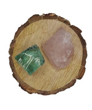 Aqua Marine Obsidian and Rose Quartz Raw Natural Crystal Combo with Wooden Natural Bark Coaster