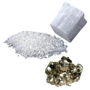 Pyrite Stone Original Certified Natural Raw Geode 40 Grams with 50 Grams Natural Clear Quartz Chips and 1 Natural Selenite Stone Raw Block for Healing Meditation and Manifesting Abundance