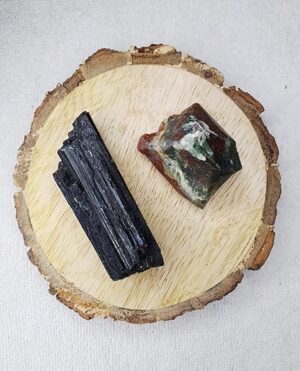 Black Tourmaline and Blood Stone AAA Grade Raw Natural Crystal Combo with Wooden Natural Bark Coaster for Healing, Meditation and Manifestation