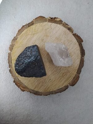 Hematite and Clear Quartz AAA Grade Raw Natural Crystal Combo with Wooden Natural Bark Coaster for Healing, Meditation and Manifestation