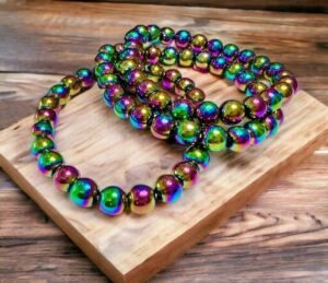 Titanium Aura Quartz Natural Crystal Bracelet Lab Certified 8 mm Semi Precious Gemstone Unisex AAA Grade Premium Stretchable Band Bracelet for Healing Meditation