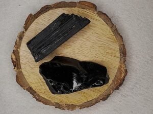 Black Obsidian and Black Tourmaline AAA Grade Raw Natural Crystal Combo with Wooden Natural Bark Coaster for Healing Meditation and Manifestation
