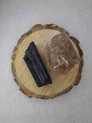 Black Tourmaline and Smoky Quartz AAA Grade Raw Natural Crystal Combo with Wooden Natural Bark Coaster for Healing, Meditation and Manifestation