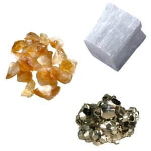 Pyrite Stone Original Certified Natural Raw Geode 40 Grams with 50 Grams Natural Citrine Chips and 1 Natural Selenite Stone Raw Block for Healing Meditation and Manifesting Abundance