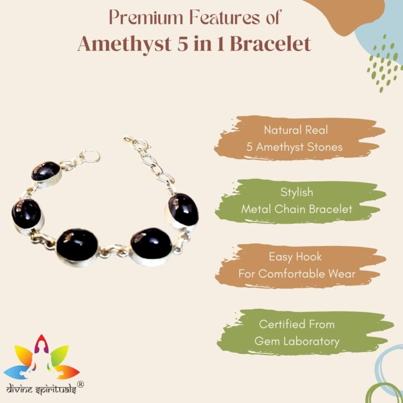 Divinity Healing Natural Amethyst 5 in 1 Stylish Chain Bracelet AAA Grade Certified Unisex Adjustable Original Bracelet For Peace, Abundance & Manifestation Chakra Healing Bracelets Abundance Stones 12