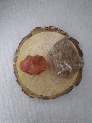 Carnelian and Smoky Quartz AAA Grade Raw Natural Crystal Combo with Wooden Natural Bark Coaster for Healing, Meditation and Manifestation
